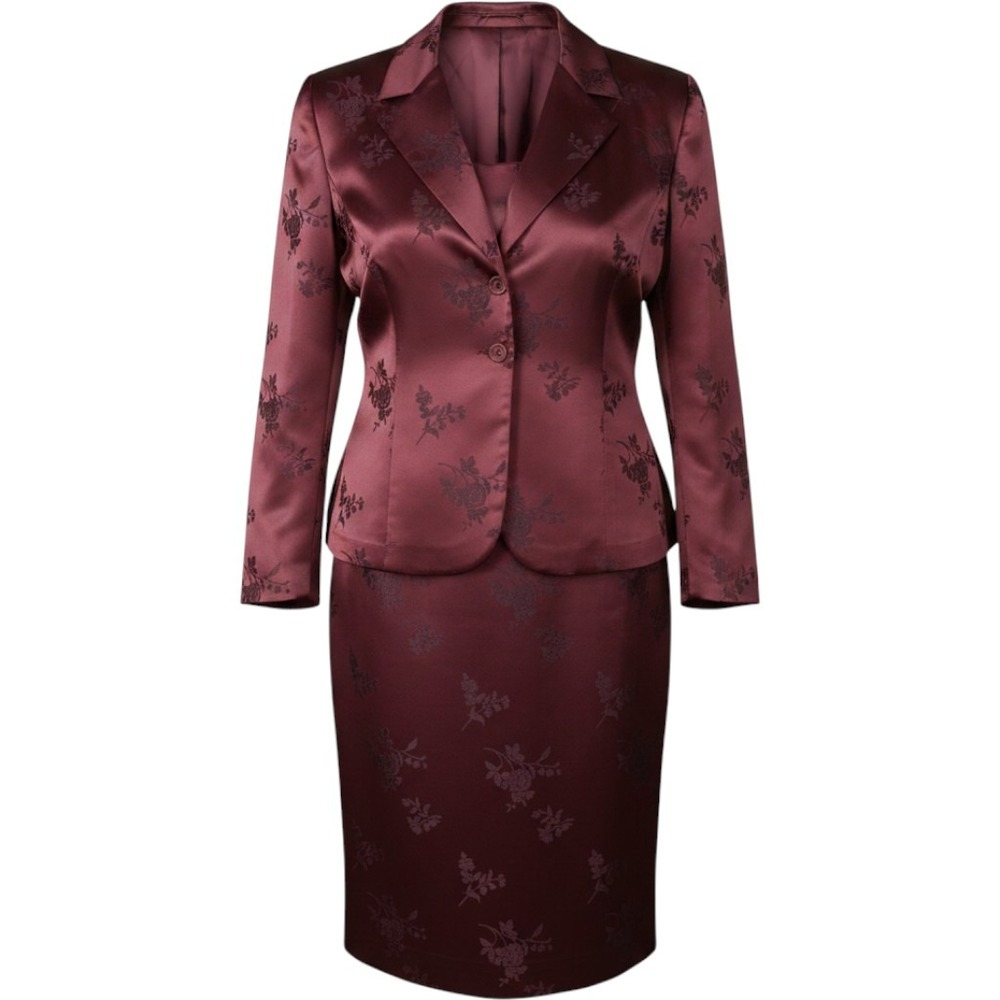 Plaza South Woman Burgundy Floral Satin Jacquard Skirt Suit Set Plus 20W